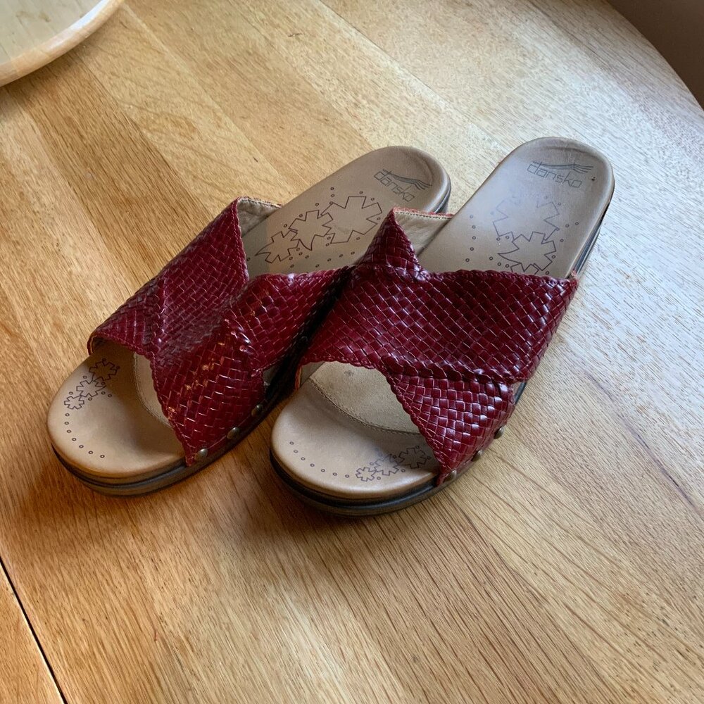 Dansko Red Woven Leather Slip-On Clogs